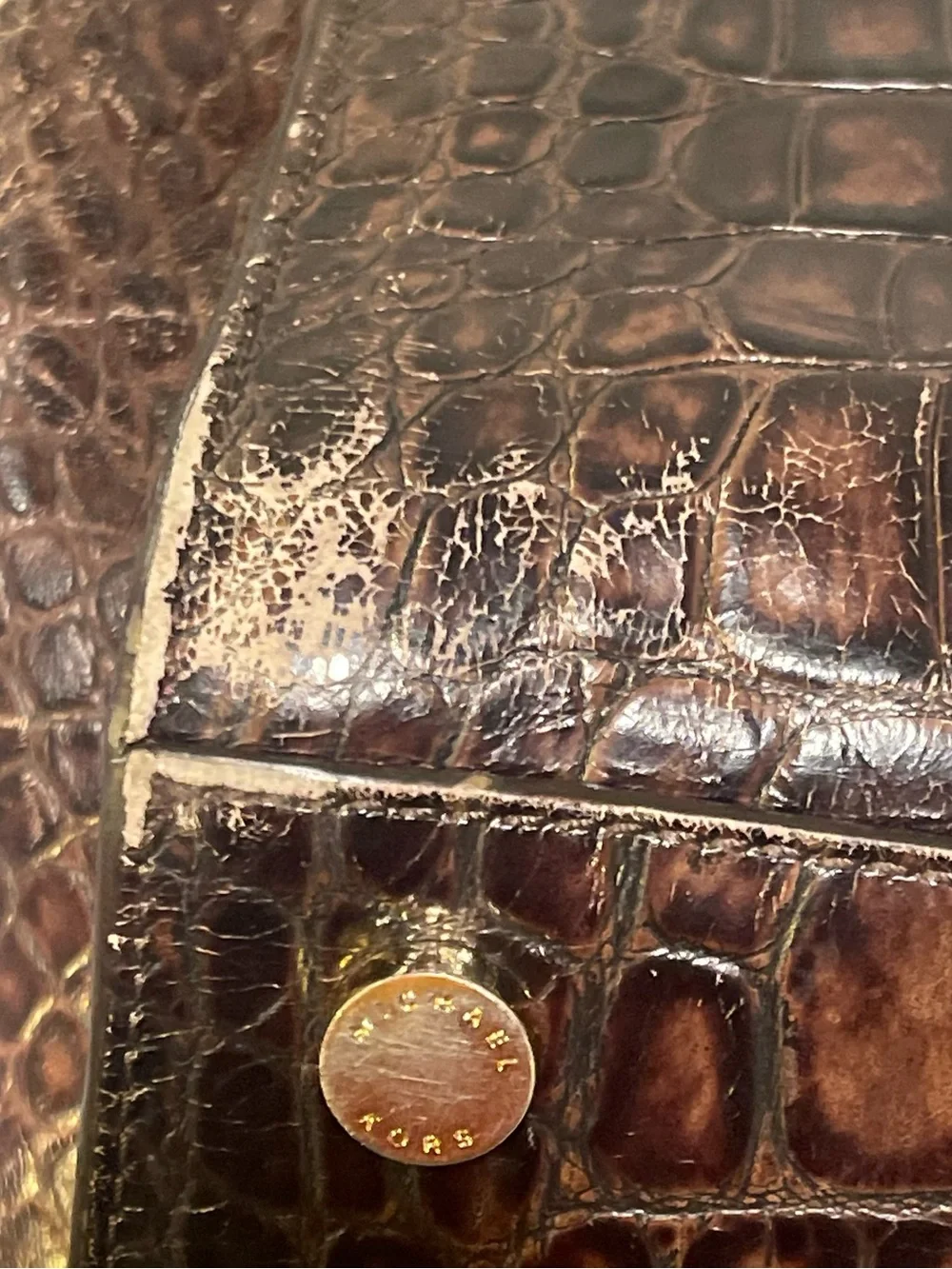 Michael Kors Two-Tone Brown Croc-Embossed Leather Satchel with Gold Hardware